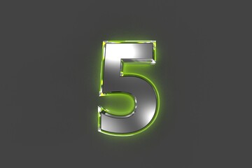 Grey metal font with green shine glass made outline - number 5 isolated on grey background, 3D illustration of symbols