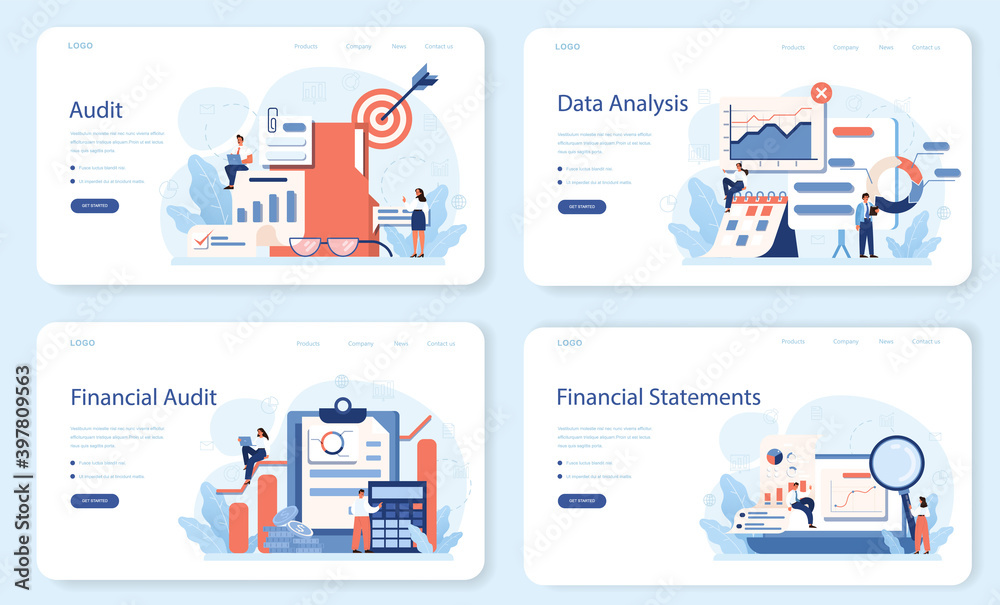 Sticker audit web banner or landing page set. business operation research and analysis.