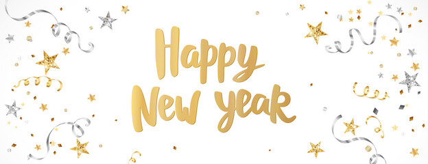 New year banner with decoration. Happy New Year text. Falling confetti ribbons and stars. Gold and silver frame. For Christmas and winter holiday headers, party flyers. Vector illustration.