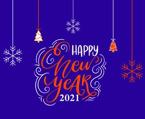 Naklejka na ściany i meble Luxury 2021 Happy New Year elegant design - vector illustration of yellow and white 2021 logo numbers with elements on purple background