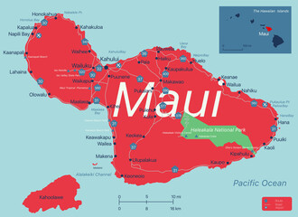 Maui island detailed editable map with with cities and towns, geographic sites, roads, interstates and U.S. highways. Vector EPS-10 file, trending color scheme