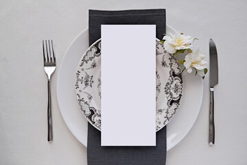 Wedding table setting, menu mockup on table, blank card for wedding, restaurant, festive dinner menu design.
