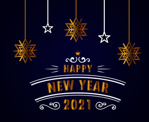 2021 happy new year, blue background with Gold colored numbers.