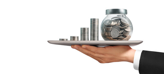 Coins set up in graph, line chart on tablet in hand