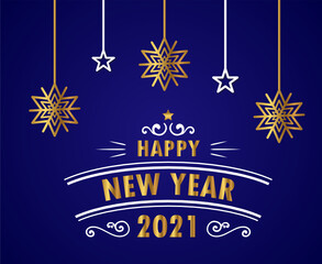 2021 happy new year, blue background with Gold colored numbers.