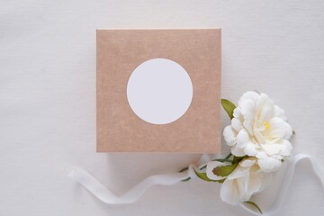 Round sticker mockup on gift box, wedding favor box and blank sticker, adhesive label, thank you...