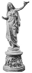 Bronze statuette of an antique woman - Vestal Virgin. Illustration of the 19th century. Germany. White background.