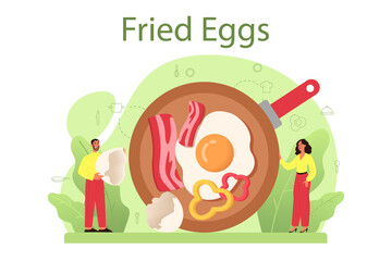 Tasty fried eggs with vegetables and bacon for breakfast.