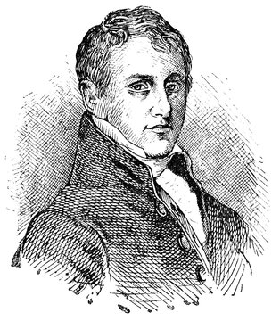 Portrait of Sir Humphry Davy - a Cornish chemist and inventor. Illustration of the 19th century. Germany. White background.