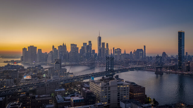 NYC Skyline and BK and Manhattan Bridges in Aerial Shot 