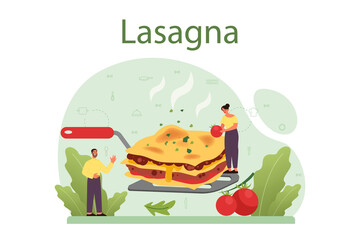 Tasty lasagna. Italian delicious cuisine on the plate. People