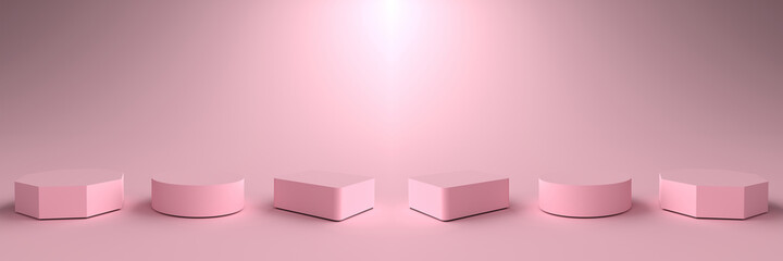3D Render of Abstract pink Composition with Podium. Minimal Studio with Square, Round and Octagonal Pedestal. Pedestal can be used for advertising, Isolated on pink background, Product Presentation.