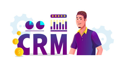 CRM (customer relationship management) concept illustration with Business statistics and customer Adult men are reviewing