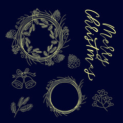 Construction  of Christmas wreath. You can use first wreath or create new. Vector stock illustration, black isolated