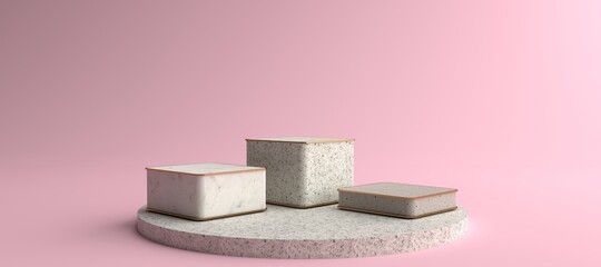 3D rendering of Square marble Pedestal, Podium for display product on the pink floor. Pedestal can be used for commercial advertising, Isolated on pink background, Product Presentation, illustration.