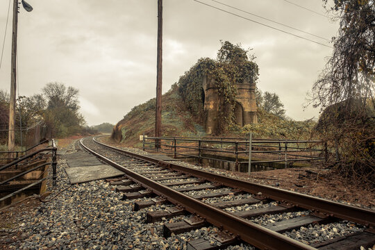 Railroad track curving around remnants of a freight overpass with kudzu in the deep south