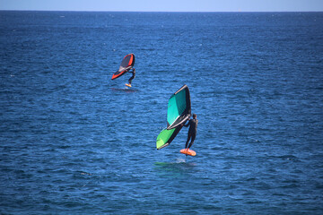 The latest-born board sport wing foiling at the  sea (Tenerife Island, Spain)