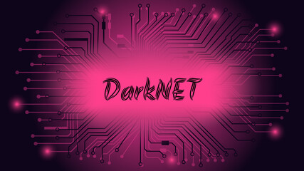 DarkNET text on dark red background with circuit board tracks. The dark side of the internet with hackers and illegal activities. Vector illustration.