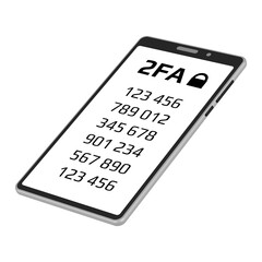 Two factor authentication 2FA concept with a codes on smartphone screen in isometric projection isolated on white background. Protecting your money. Vector illustration.