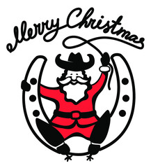 Christmas Santa in cowboy shoes sit on lucky horseshoe with lasso text. Vector printable black graphic illustration isolated on white