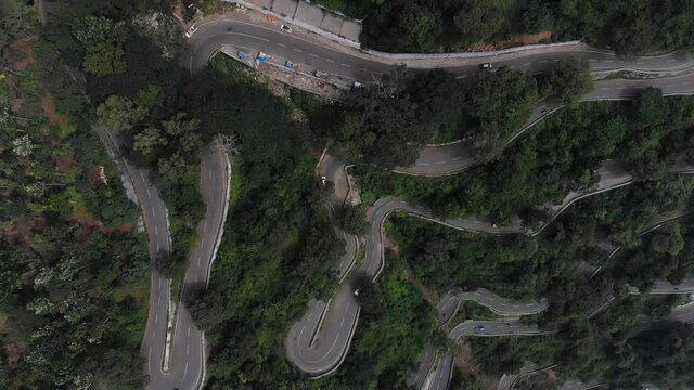 Hairpin bends in Yercaud, India covered with endless vast forest with trees growing rapidly