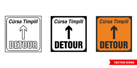 Detour Ahead roadworks sign icon of 3 types color, black and white, outline. Isolated vector sign symbol.