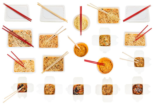 collection of asian fast foods in disposable boxes isolated on white background