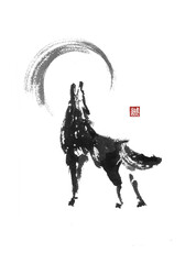 Howling wolf Japanese style original sumi-e ink painting. - 397813504