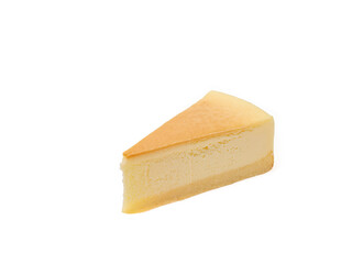 The close up of sliced yummy cheesecake bakery sweet dessert isolated on white background.