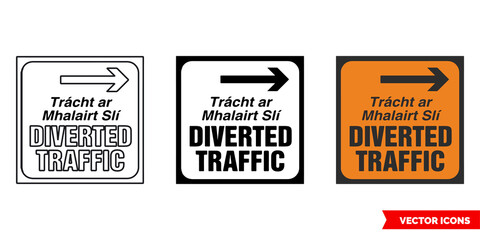 Diverted traffic right roadworks sign icon of 3 types color, black and white, outline. Isolated vector sign symbol.
