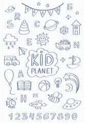 Children's doodle set of different hand-drawn icons on a school notebook. Vector illustration for backgrounds, web design, design elements, textile prints, covers