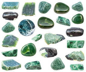 collection of various Jade natural mineral gem stones and samples of rock isolated on white background