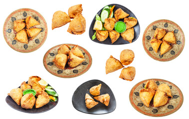 set of various samosas (fried Indian savoury pastry) isolated on white background
