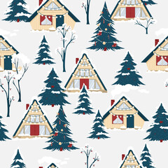 Christmas pattern with winter forest and houses