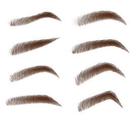 Eyebrow shape set. Fashion eyebrows of various shapes and types. Brown eyebrow bag. Brown eyebrows isolated on white background. Vector illustration