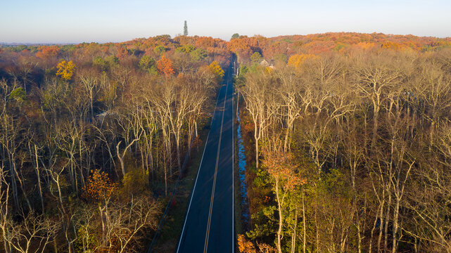 Foliage On a long Street In NJ and the Beautiful Colors Of Leaves from Aerial Drone Image 