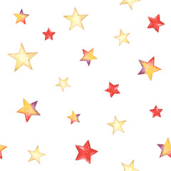 Watercolor holiday seamless pattern with colorful stars. Illustration print on white background for Christmas, birthday or celebration.