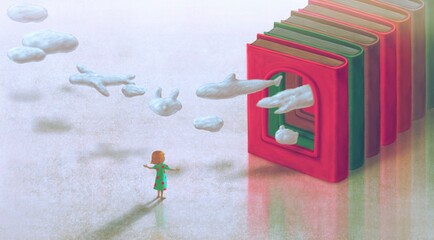 Education￼ learning dream hope inspiration and freedom concept, girl with  ￼imagination book. surreal painting. Fantasy art, conceptual artwork, happiness of child , 3d illustration © Jorm Sangsorn