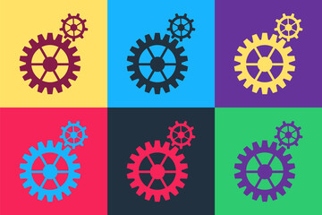Pop art Gear icon isolated on color background. Cogwheel gear settings sign. Cog symbol. Vector.