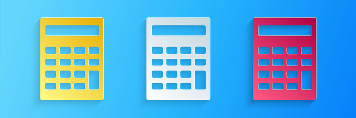 Paper cut Calculator icon isolated on blue background. Accounting symbol. Business calculations mathematics education and finance. Paper art style. Vector.