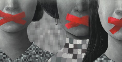 Concept idea freedom of speech freedom of expression democracy feminism and censored, surreal painting, portrait illustration, political art, women's rights, conceptual artwork