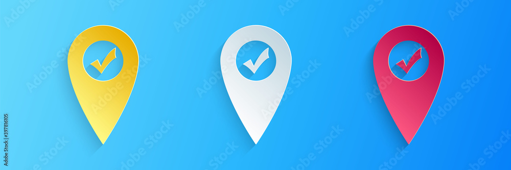 Poster paper cut map pointer with check mark icon isolated on blue background. marker location sign. tick s