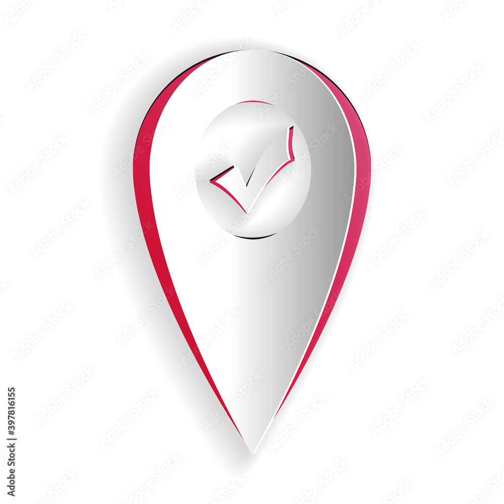 Poster paper cut map pointer with check mark icon isolated on white background. marker location sign. tick 
