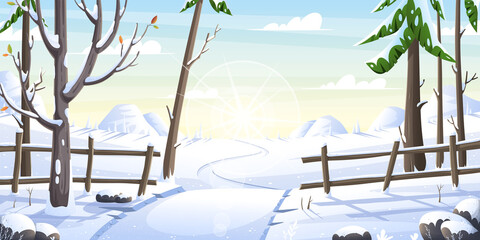 Winter landscape panorama. Vector illustration with separate layers.