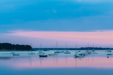 Brittany, panorama of the Morbihan gulf, view from the Ile aux Moines island, sunrise