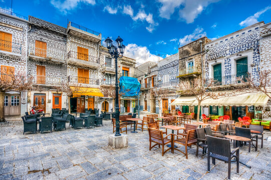 Pirgi village square Chios Island, Greece. The most interesting feature of Pirgi are the decorative designs the exterior walls of the houses.