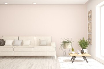 White living room with sofa. Scandinavian interior design. 3D illustration