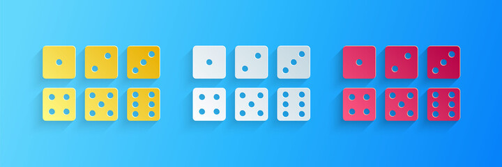Paper cut Set of six dices icon isolated on blue background. Paper art style. Vector.