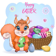 Cute cartoon squirrel with beautiful eyes holds an Easter egg, card for Easter