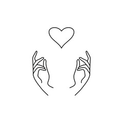 Line doodle heart hands drawing. Cute scribble sketch, outline art design for valentine greeting card, minimal fine line tattoo. Vector illustration